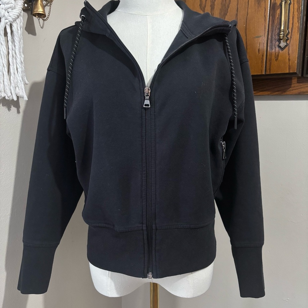 Black Athletic Hooded Zip Up Jacket Size XS Chic Sporty Lightweight Hoodie Gym